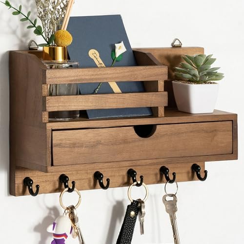 dreampossible Key and Mail Holder for Wall, Mail Organizer Wall Mount with 6 Hooks and Storage Drawer, Wooden Key Rack Hanger with Shelf for Entryway and Home Decor by dreampossible