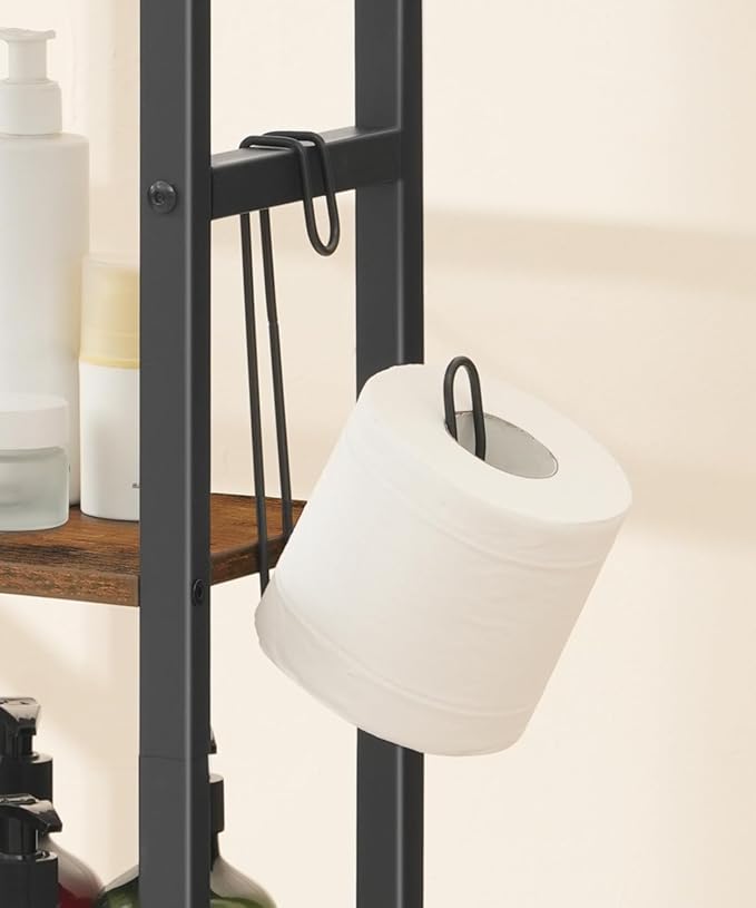 HOOBRO Over The Toilet Storage Cabinet, Freestanding Bathroom Organizer with Toilet Paper Holder, Hooks, 5-Tier Bathroom Storage Shelves for Laundry Room, Space Saver, Rustic Brown and Black BF84TS01 - Image 4