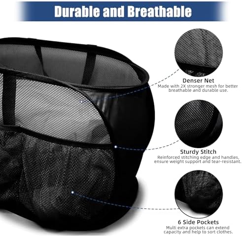 2 Pack Collapsible Laundry Baskets, Upgrade Pop Up Laundry Hamper with Convenient Bags, Foldable Laundry Basket Mesh Light Weight, Easy to Carry Clothes Hampers for Laundry, Dorm, Toys, Travel Black - Image 5
