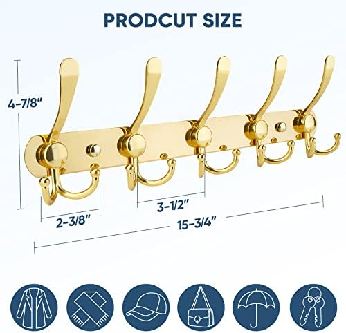 TICONN Wall Mounted Coat Rack, Five Heavy Duty Tri Hooks All Metal Construction for Jacket Coat Hat in Mudroom Entryway (Gold, 1-Pack) - Image 2