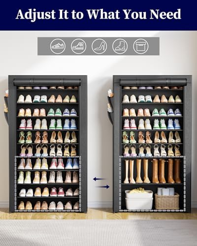Kitsure 10-Tier Shoe Rack with Cover, Tall Shoe Shelf, 33" Wide, Black | Large Capacity Shoe Storage with Side Pocket, Shoe Organizer for Closet, Entryway, Bedroom, Zapateras Organizer - Image 4