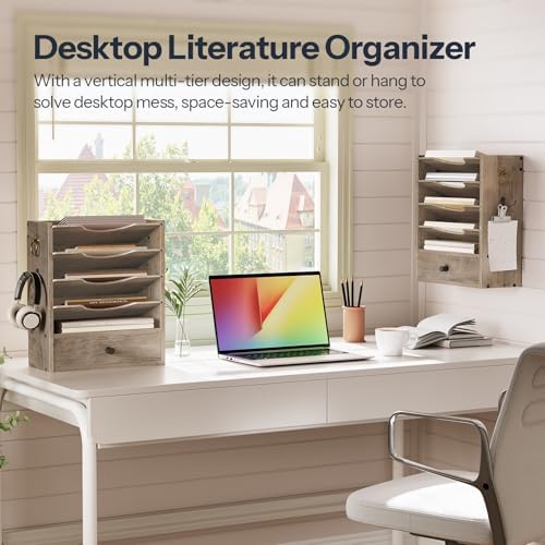 HOOBRO Wall File Organizer, Mail Organizer Wall Mounted, Wooden Mail Sorter, Construction Paper Holder with Drawer Storage and 2 Hooks, for Office, Classroom, Home, Greige BG14WF01 - Image 4