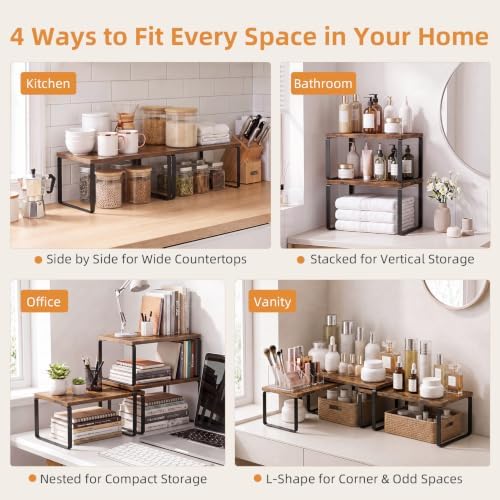 LAMU Cabinet Organizer Shelf, Set of 4 Expandable Kitchen Counter Shelve Plate Organizer for Cabiner, Stackable Spice Rack, CupBoard Organizers and Storage, Brown - Image 3