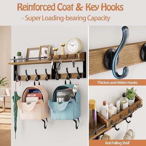 29 inch Coat Rack Wall Mount with Shelf, Entryway Wall Shelf with Hooks, Heavy Duty Coat Hanger Wall Mount with Key Holders and Mail Organizer for Living Room, Bedroom, Wooden Brown & Black - Image 5