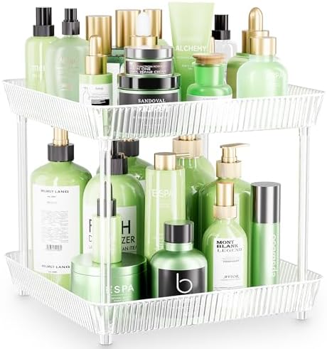 2 Tier Lazy Susan Bathroom Countertop Organizer, 360° Clear Rotating Square Storage Tray, Cosmetics and Perfume Organizer, Spinning Storage Tray Vanity Organizer Shelf for Bathroom Cabinet, Kitchen by Acina