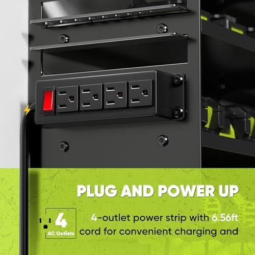 POKIPO Large Power Tool Organizer Wall Mount with Charging Station,4 Layer Heavy Duty Metal Tool Storage Rack Loads 600lbs with 8 Cordless Drill Holder,Battery Utility Rack Loads with 4 Power Strip - Image 2