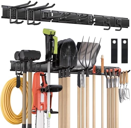 Garden Tool Organizer Wall Mount, 48 inches Tool Storage Rack with Adjustable Hooks, 600lbs Adjustable Heavy Duty Metal Hooks, Yard Shed Rack Holder System Hanging Rake Broom Mop, Father's day gifts by NacialPromise-Consumersfirstalways