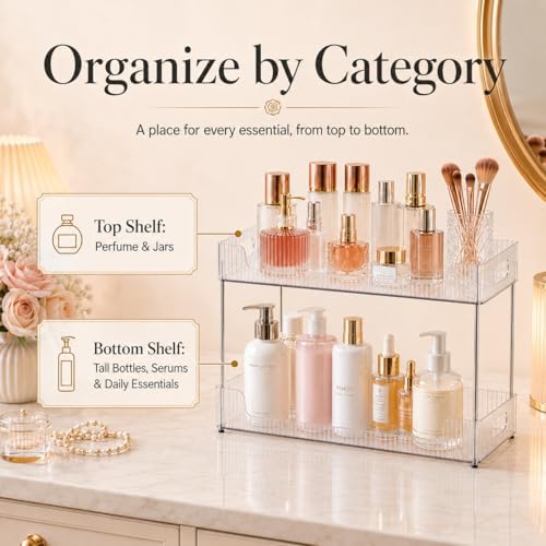Goderewild 2-Tier Bathroom Counter Organizer, Multi-Purpose Cosmetics Skincare Shelf, Fits A4 Size Makeup Organizer for Office and Vanity Tray, Countertop Storage Solution for Kitchen,Bath.(Clear) - Image 3