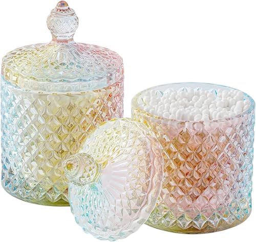 rejomiik 2 Pack Qtip Holder Apothecary Jars with Lid, Thick Glass, Rainbow by rejomiik