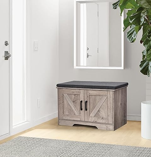 HOMSHO Farmhouse Shoe Storage Bench with 2 Barn Doors & Padded Seat Cushion - Image 2