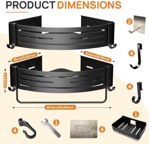 Black Adhesive Triangle Shower Caddy with Towel Bar, Soap Dish and Hooks - Image 2