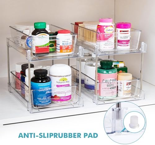 2 Pack Clear Bathroom Organizers and Storage, 2 Tier Pull Out Under Sink Cabinet Organizer Plastic Drawer Organization and Storage for Bathroom and Kitchen - Image 6