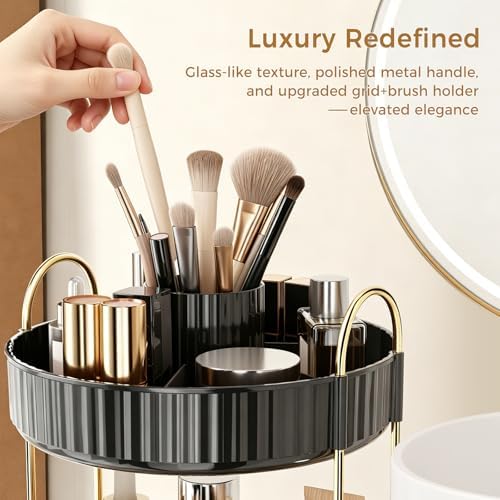 360° Rotating Makeup Organizer, Upgraded 3 Tier Skincare Perfume Organizers for Women, Bathroom Organizer Countertop, Clear Cosmetic Dresser Organizer with Makeup Brush Holder, Sink&Counter(Black) - Image 4