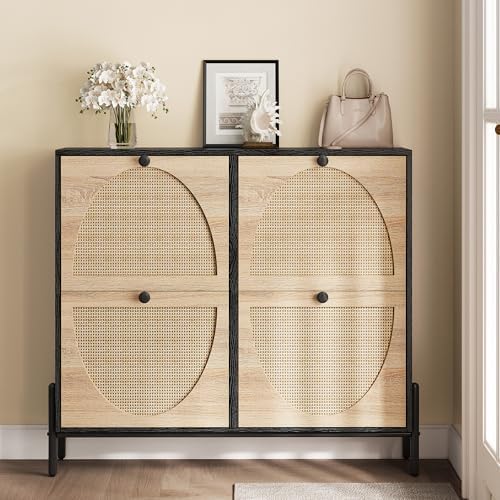 IRONCK Rattan Shoe Cabinet Storage with 4 Flip Drawers, Black - Image 4
