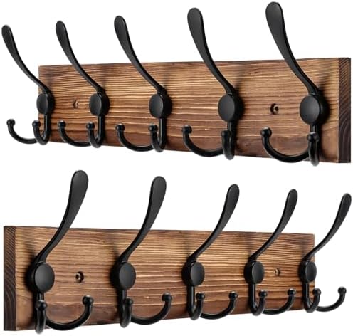 Kuhome 2pcs Coat Rack Wall Mount Wooden Hat Rack for Wall Hooks Pine Real Wood Plank 16.9" Brown Coat Hanger with 5 Triple Hooks for Hanging Coat Hat Jacket by Kuhome