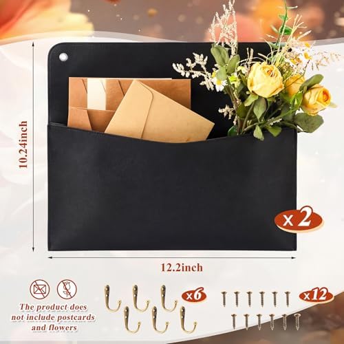 Marspark 2 Set PU Leather Mail Holder Wall Mount 12.2x10.24 Inch Leather Letter Holder 2 Ring Binder Hanging Wall File Organizer Mail Sorter for Decor Storage Letter Postcard Flower Home Office(Black) - Image 2