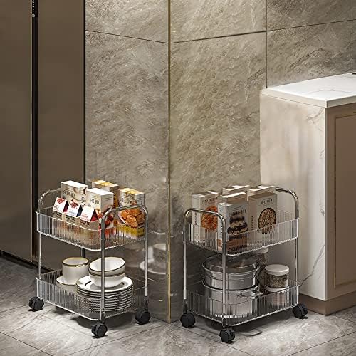2-Tier Utility Rolling Cart Storage Organizer Sofa Side Table with Wheels, Under Desk Mobile Trolley Organizer with Handle and 2 Hanging Baskets for Office Home Kitchen Organization, Transparent - Image 2