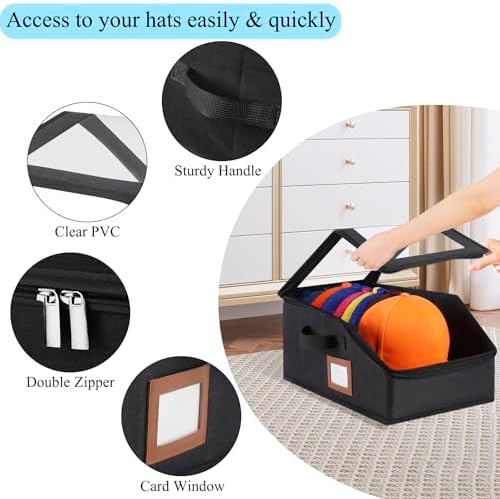 4 Pack Hat Storage for Baseball Caps-Holds Up to 56 Caps, Hat Organizer for Closet Stackable Hat Box with Cardboard, Dust-proof Beanie organizer with 2 Handles for Home Travel (Black, 4Pack-Small) - Image 4