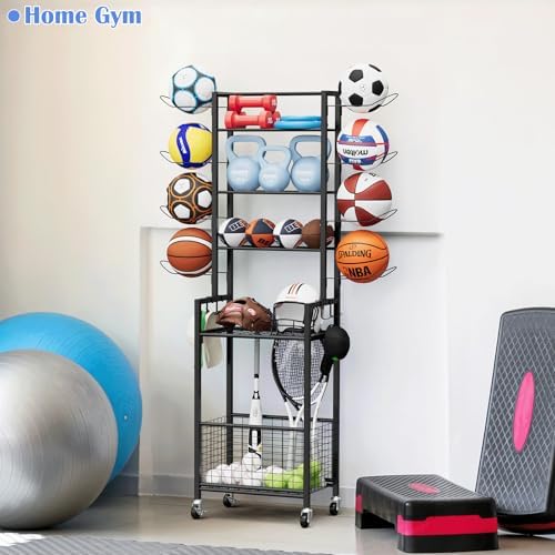 OYEAL Freestanding Ball Rack with Wheels Garage Basketball Storage Cart Outside Sports Equipment Organizer Ball Holder with Storage Baskets for Basketball, Soccer, Volleyball, Football, Black - Image 4