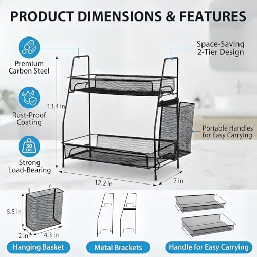 LEMIKKLE 2-Tier Bathroom Countertop Organizer,Skincare, Makeup Countertop Organizers, Kitchen, Bathroom Counter Storage with Small Basket (Black) - Image 2