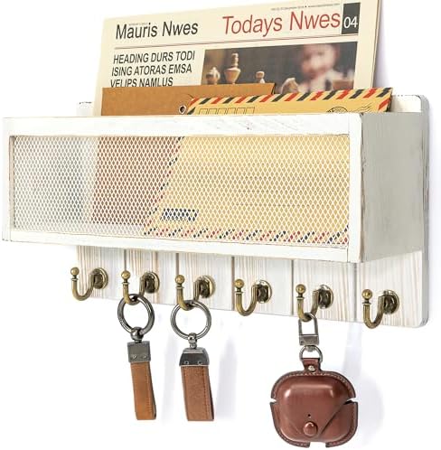 Rebee Vision Key Holder Wall Mount with Mail Basket for Entryway, Whitewash by REBEEVISION