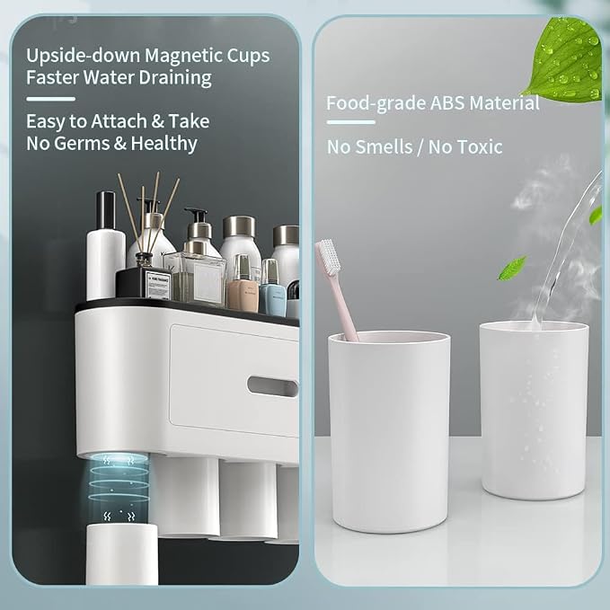 Toothbrush Holders Wall Mounted, Toothbrush Holder with Automatic Toothpaste Dispensers, 6 Brush Slots, 2 Magnetic Cups,1 Cosmetic Drawer Organizer and 1 Large Storage Tray - Image 7