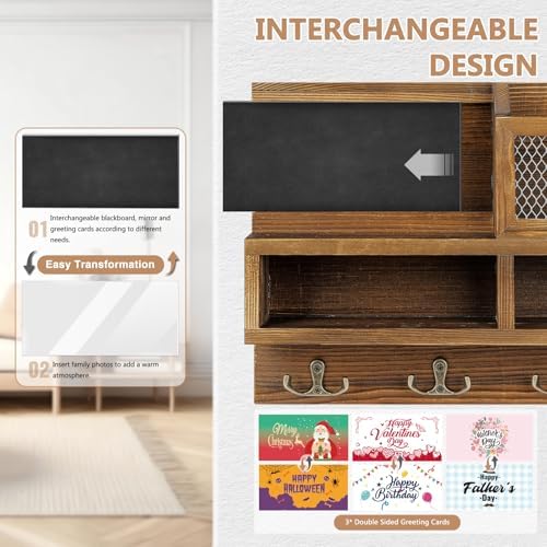 Key Holder Wall Mount, Wooden Mail and Key Organizer, Brown - Image 3