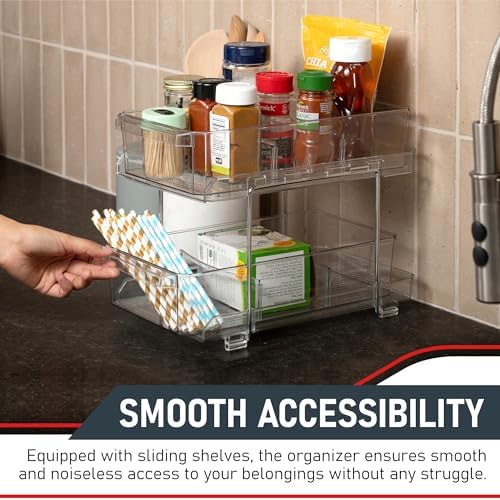 Masirs 2-Tier Clear Pull-Out Drawer Organizer - Sleek, Compact & Sturdy Makeup and Closet Organizer - Easy Assembly Kitchen Storage Solution, Ideal for Makeup, Tools, Medicines & Snacks - Image 7