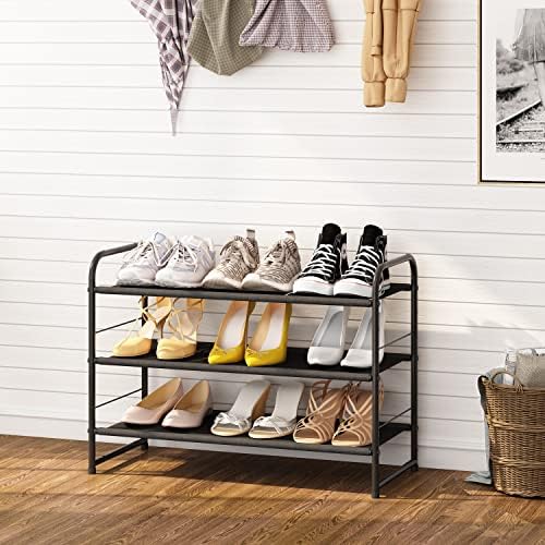 Simple Trending 3 Tier Stackable Shoe Rack, Expandable Adjustable Fabric Shoe Shelf Storage Organizer, Black - Image 2