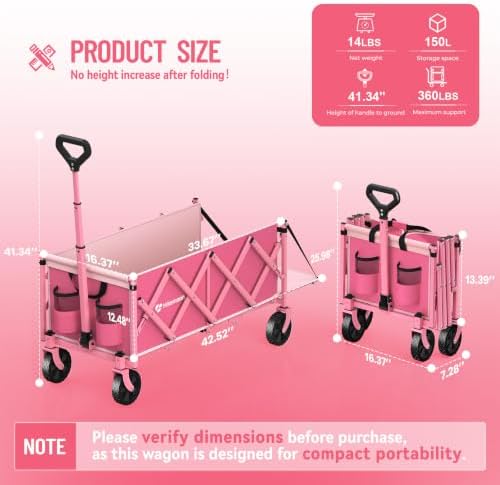 HIKEMOON 43'' Extra Long Folding Wagon with Extended Tailgate, Pink - Image 2