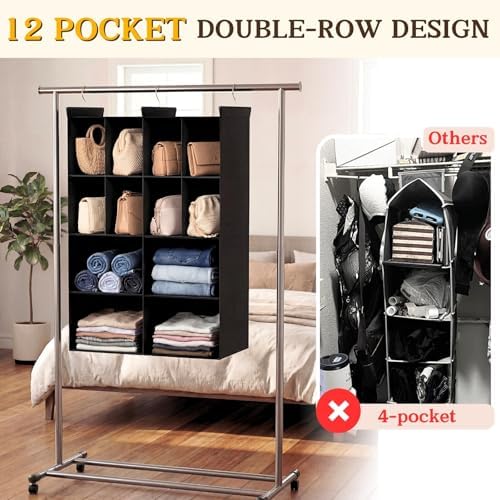 4 Tier Hanging Closet Organizer, 12 Compartments Dual Row Storage, Black | Closet Organizers and Storage with Large & Small Cubbies, 3 Sturdy Hooks Support Heavy Loads, for Dorm, RV, Garment Rack - Image 4
