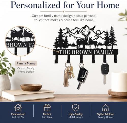Personalization Deer Mountain Metal Key Holder custom Wall Mount Key Holder for Wall Rustic Cabin Decor Key Rack Hooks Hanger Woodland Wildlife Wall Art Entryway Organizer Housewarming Hunting Gifts - Image 4