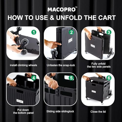 MACOPRO Foldable Utility Cart with Stair Climbing Wheels, Collapsible Rolling Crate with Telescoping Handle, Folding Shopping Trolley Handcart Grocery Book File Tool Teacher Storage Basket (Black) - Image 5