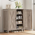 Homleke Farmhouse Shoe Cabinet with 2 Barn Doors & Wood Legs - Image 7