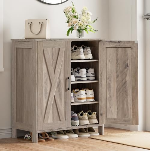 Homleke Farmhouse Shoe Cabinet with 2 Barn Doors & Wood Legs - Image 7