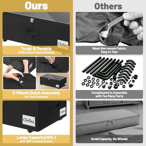 Under Bed Storage with Wheels, 2 Pack Underbed Storage Containers with Clear Lid & Label, XXL 75L Easy Assembly Rolling Under Bed Shoe Storage for Clothes, Shoes, Blankets, Black(28.3 X 16.5 X 9.5 in) - Image 7