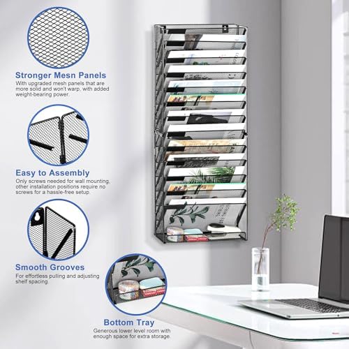 EasyPAG Wall File Holder 14 Tier Mesh Hanging Folder Organizer with Flat Tray Wall Mounted Mail Organizer Magazine Paper Desk Shelf with Nametag Label for Office Home School, Black - Image 2