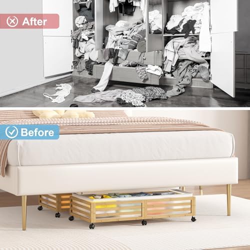 Under Bed Storage with Wheels-Large Bamboo Underbed storage Containers with Large Dust Bag Stackable Under the Bed Shoe Storage Bins for Clothes Books Bedding (2 Packs Nature, 33.07"L×16.54"W× 6.5"H) - Image 5