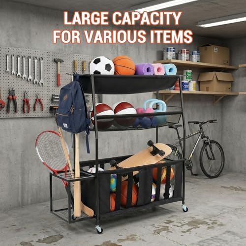 MyGift 3 Tier Sports Equipment Organizer Rolling Ball Storage Rack w/Hooks - Image 6