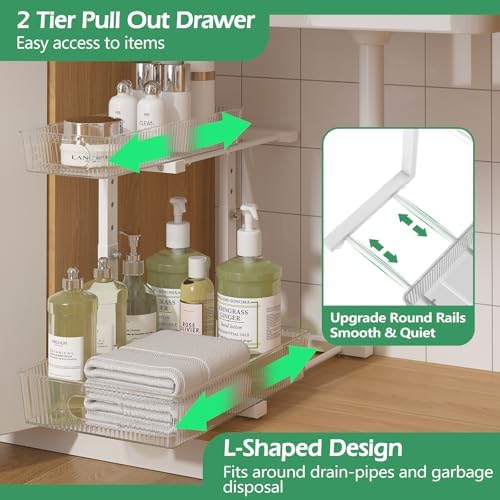 ADRIMER Under Sink Organizer 2 Packs, Pull Out Kitchen Sink Organizer, 2 Tier Slide Out Kitchen Organizers and Storage Bathroom Under Cabinet Storage Shelf, Transparent & White - Image 3