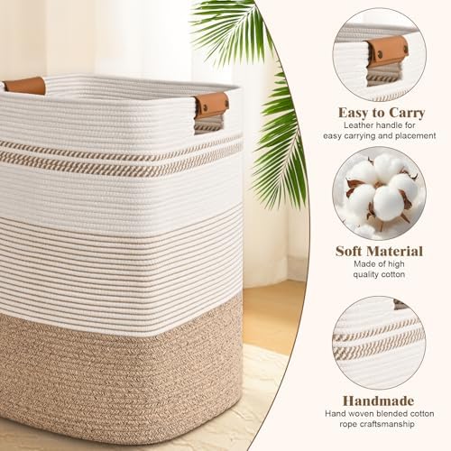 Laundry Hamper, 95L Tall Laundry Basket with Leather Handles, Rectangle Large Clothes Hamper for Organizing, Cotton Woven Laundry Baskets Storage Hampers for Bedroom, Nursery, Living Room - Image 6