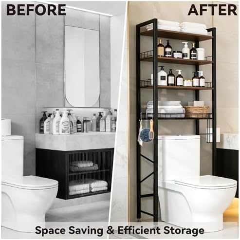 4-Tier Bathroom Organizer Shelf Over The Toilet Storage Cabinet with Feet Pad Over The Toilet Storage Rack with Adjustable Shelf and Basket Bathroom Shelves Above Toilet Bathroom Shelves - Image 3