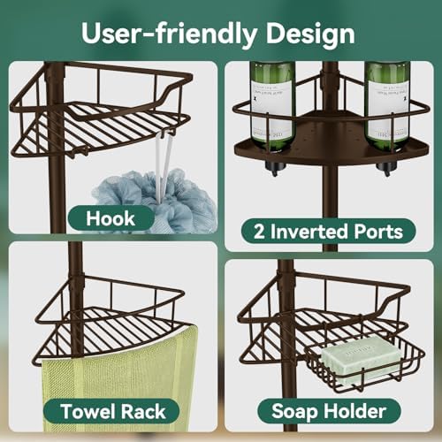 Corner Shower Caddy Tension Pole, 4 Tier Rustproof Shower Tension Rod Organizer, Adjustable 25-125 Inch Bathroom Shower Organizer Shelves for Bathtub Shampoo Storage, Brown - Image 3
