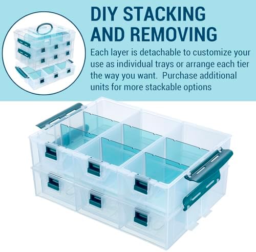 MyGift Single Stackable Tray, Add-on for 11 Inch Clear Arts & Crafts Storage Box with Blue Accents, 9 Compartment Sewing Supplies Organizer 3 Drawers and Removable Dividers - Image 2