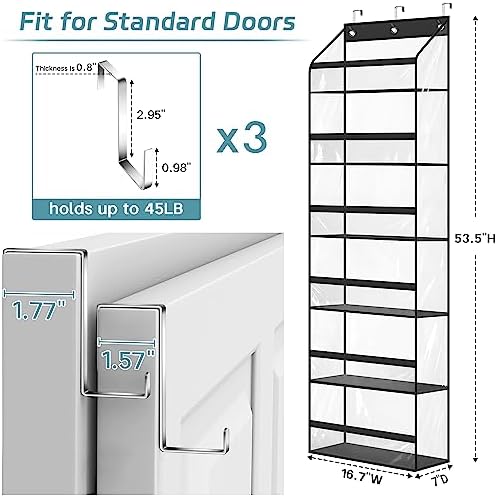 AOODA Clear Over The Door Hat Racks for Baseball Caps, Large Holds up to 72 Caps Hat Storage Organizer for Closet Wall, Deep Pockets Hanging Hat Holder with 3 Hooks, Black (Pack of 2) - Image 6