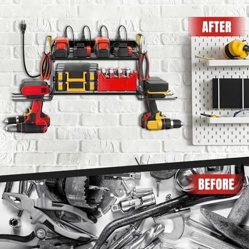Garage Tool Organizer with Charging Station & Power Strip - 4 Drill Holder Wall Mount Rack, Heavy Duty Metal Shelf for Workshop Organization - Image 4