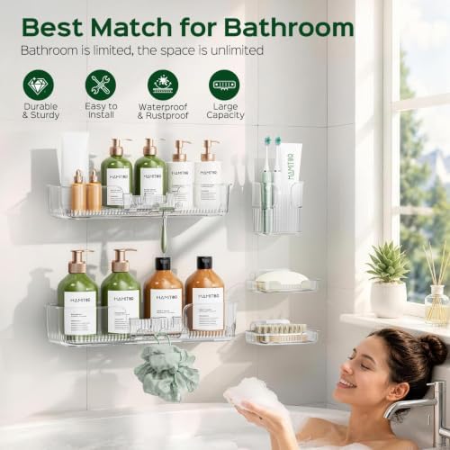 HAMITOR 5 Pack Adhesive Shower Caddy, Clear Transparent Shower Organizer - Image 2