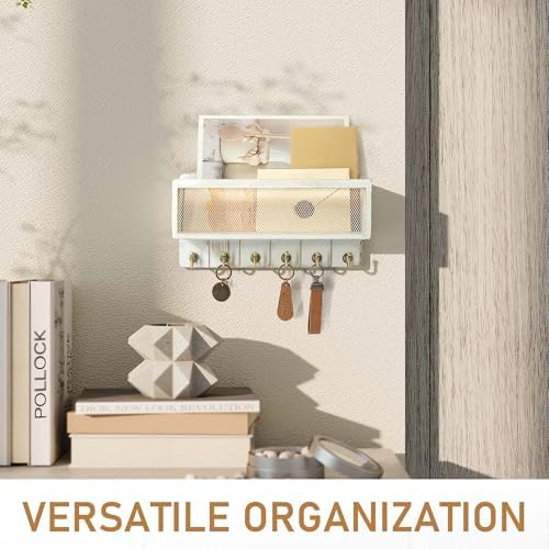 Rebee Vision Key Holder Wall Mount with Mail Basket for Entryway, Whitewash - Image 6