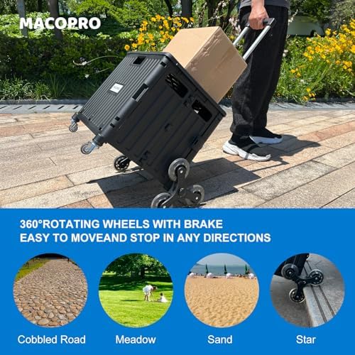 MACOPRO Foldable Utility Cart with Stair Climbing Wheels, Collapsible Rolling Crate with Telescoping Handle, Folding Shopping Trolley Handcart Grocery Book File Tool Teacher Storage Basket (Black) - Image 6