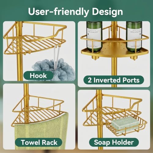 Corner Shower Caddy Tension Pole, 4 Tier Rustproof Shower Tension Rod Organizer, Adjustable 25-125 Inch Bathroom Shower Organizer Shelves for Bathtub Shampoo Storage, Gold - Image 6